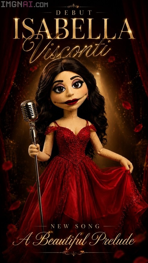 A female ventriloquist puppet with long dark hair in a red gown holding a vintage microphone stand.