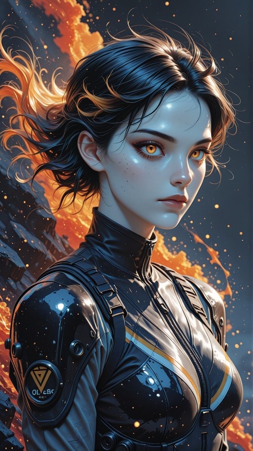 A digital illustration of a young woman with amber eyes and dark hair wearing a shiny black futuristic bodysuit with gold accents, surrounded by floating embers.