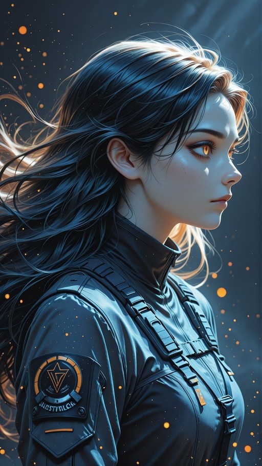 A side view of a young woman with long black hair and amber eyes wearing a black tactical uniform with straps and a shoulder patch, surrounded by floating orange sparks against a dark blue background.