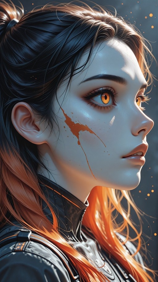 A close-up digital illustration of a young woman with long black hair fading into bright orange, wearing dark armor, featuring striking orange eyes and a streak of blood on her cheek.
