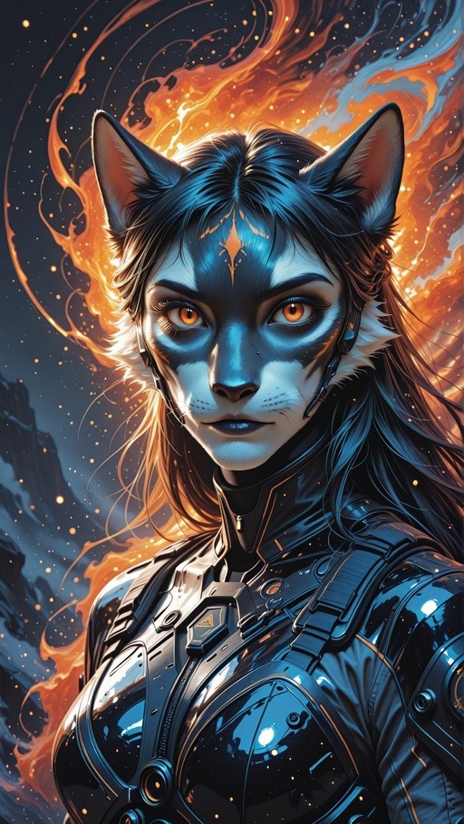 A female anthropomorphic cat character with blue facial markings and orange eyes wearing black futuristic armor, surrounded by swirling fire.