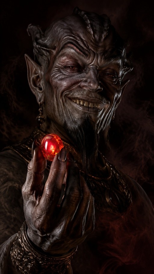 A close-up of a grey-skinned demonic man with pointed ears and red eyes smiling while holding a glowing red gemstone in his clawed hand.