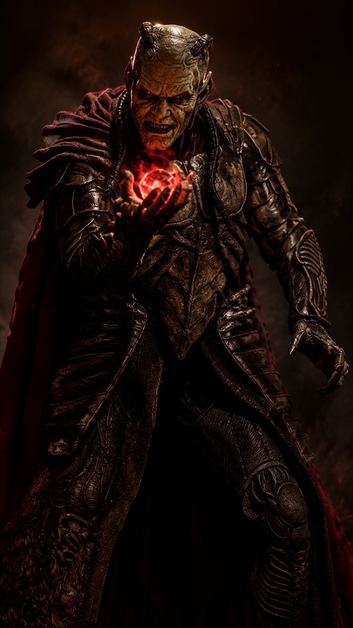 A horned demon in dark armor and a red cape holds a glowing red orb of energy.