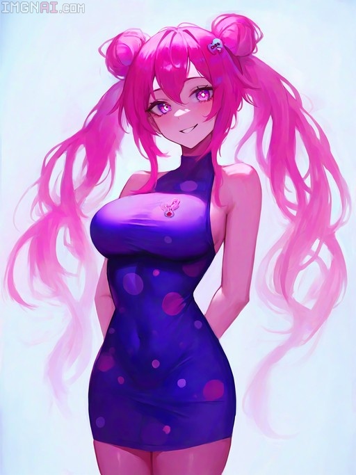 A digital painting of a smiling anime girl with long pink hair in twin buns and twintails, wearing a tight purple polka dot dress with her arms behind her back.