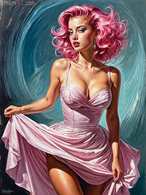 A digital painting of a pin-up style woman with voluminous curly pink hair wearing a tight pink dress against a teal background.