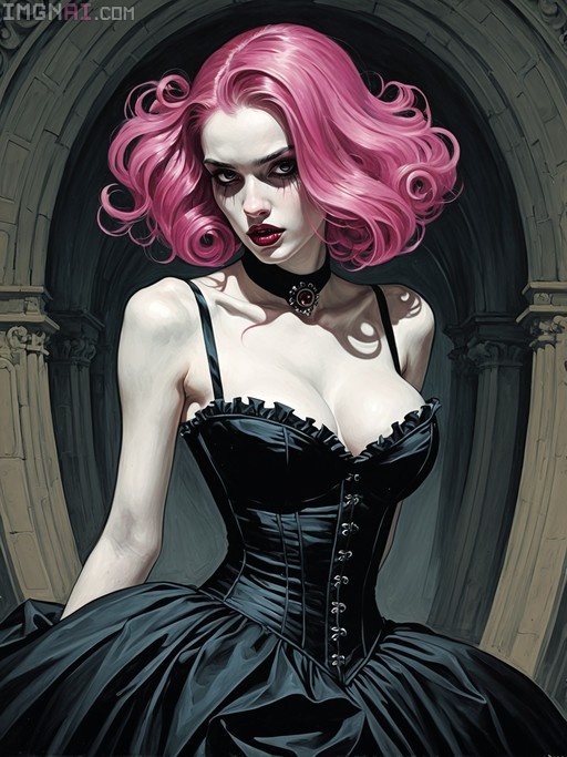 A pale woman with pink ringlet hair in a black corset dress and choker stands before a stone archway.