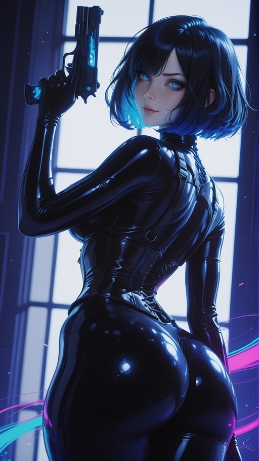 Selene from Underworld in a shiny black bodysuit holding a gun over her shoulder.