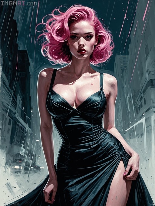 A digital painting of a woman with short pink hair wearing a black dress standing in the rain on a city street at night.