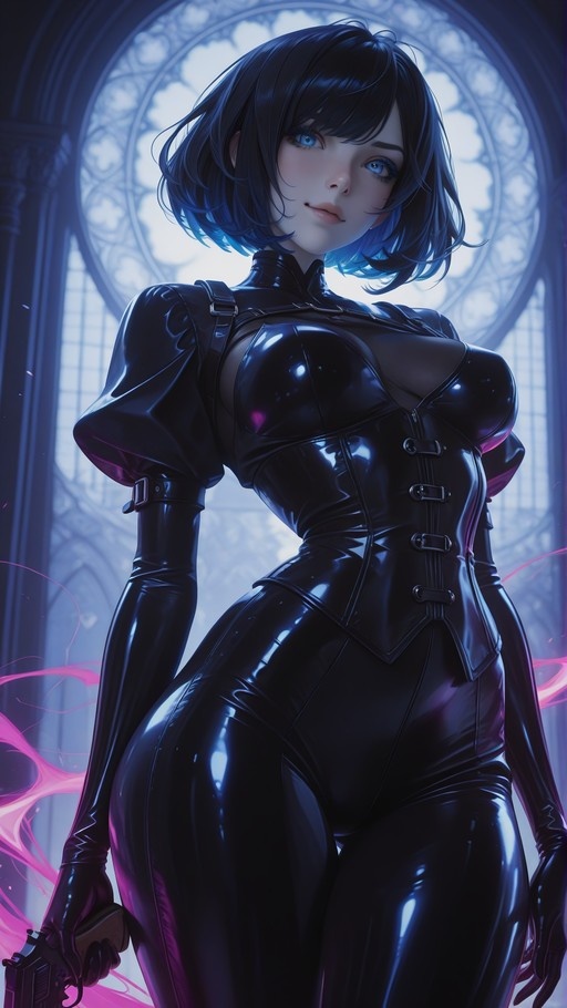 Selene from Underworld wearing a shiny black latex bodysuit and holding a gun in an ancient palace setting.