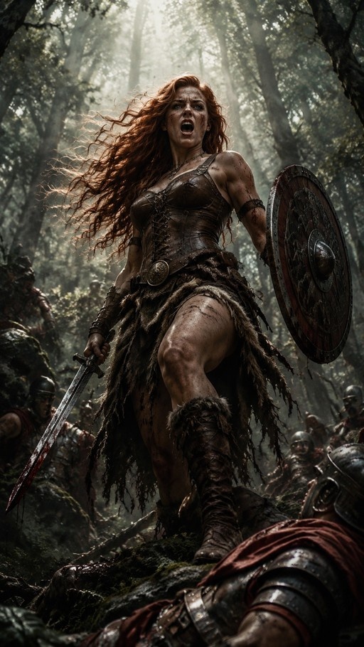 A low-angle shot of a muscular red-haired woman in leather armor holding a bloody sword and round shield while shouting in a misty forest with fallen soldiers nearby.