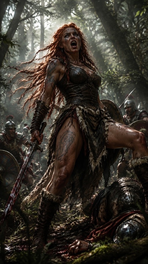 A muscular red-haired warrior woman in leather armor shouts while holding a bloody sword and shield, standing over a fallen soldier in a sunlit forest.