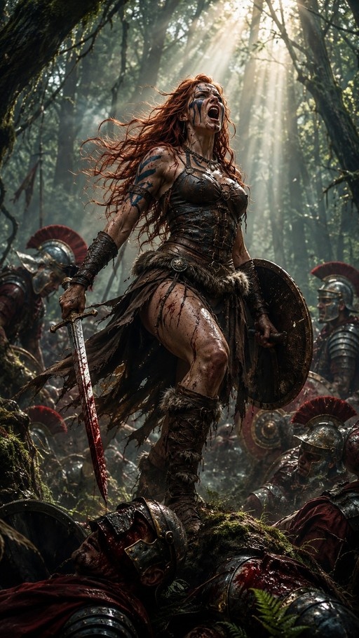 A fierce red-haired female warrior with blue face paint shouts triumphantly in a sunlit forest, holding a bloodied sword and shield above fallen soldiers.