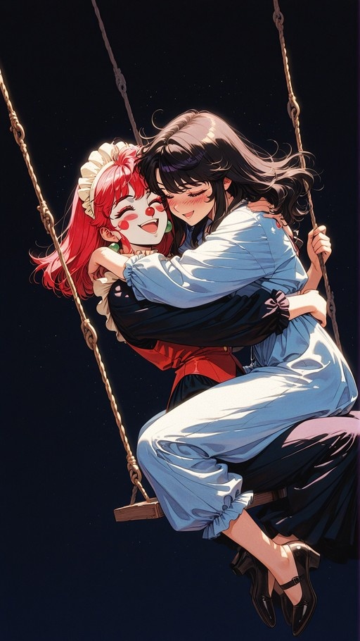Two women hugging on a swing; one has red hair and clown makeup, the other has black hair.