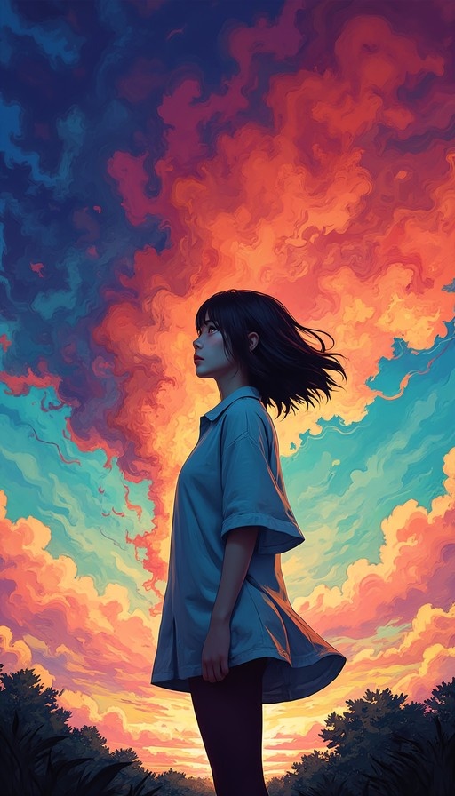 A young woman with short black hair stands in profile wearing a loose blue shirt, looking up at a dramatic sky filled with swirling orange and blue clouds.