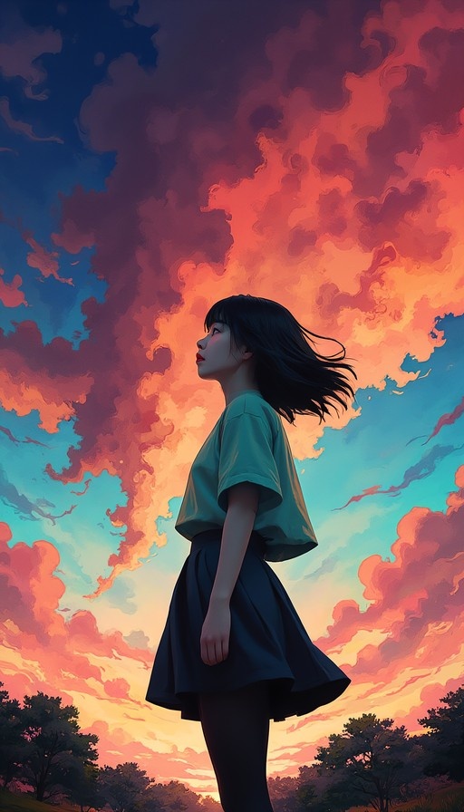 A young woman with long black hair in a teal shirt and dark skirt stands outdoors, looking up at a dramatic sky filled with orange and blue clouds.