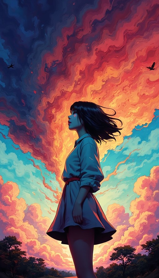 Profile view of an anime girl looking up at a dramatic sky with swirling orange and blue clouds and flying birds.
