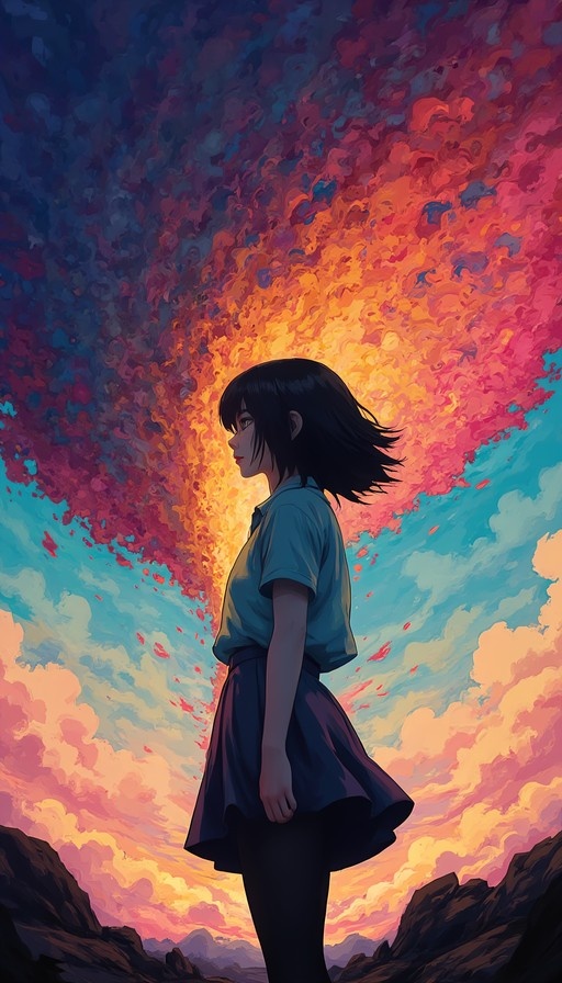 An anime girl with short black hair stands in profile wearing a blue shirt and dark pleated skirt against a dramatic sky filled with fiery orange and pink clouds above mountains.
