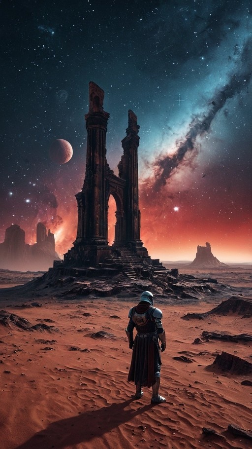 An armored figure stands on red sand facing a large stone ruin under a colorful galaxy sky with planets.