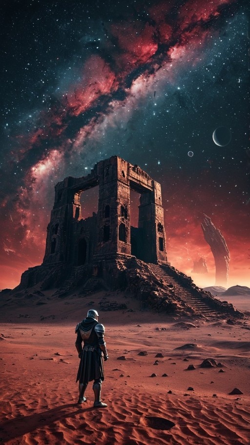 An armored figure stands in a red desert facing large stone ruins under a starry sky with visible planets.