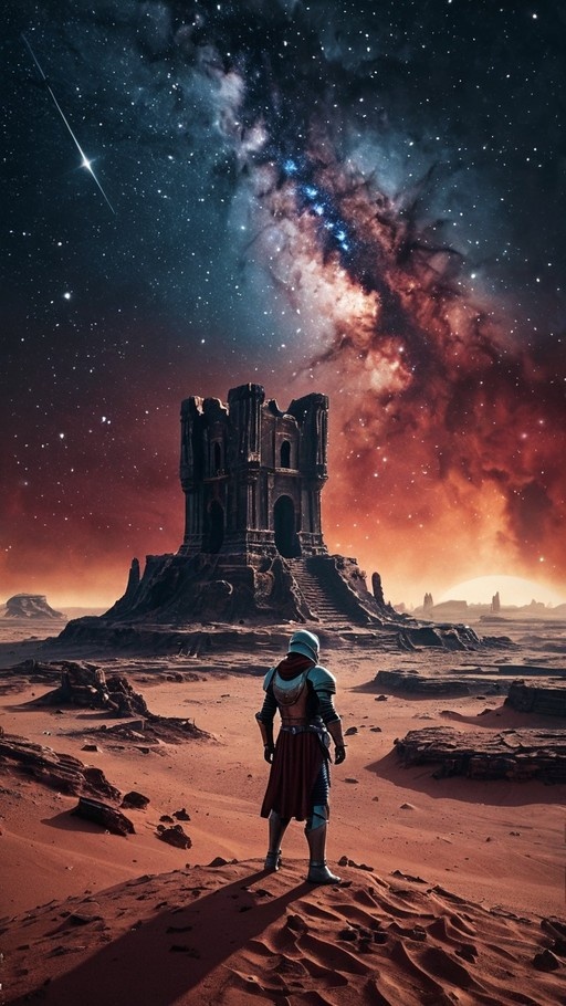An armored figure stands on a rocky hill overlooking ancient stone ruins in a red desert under a vibrant galaxy sky with a shooting star.
