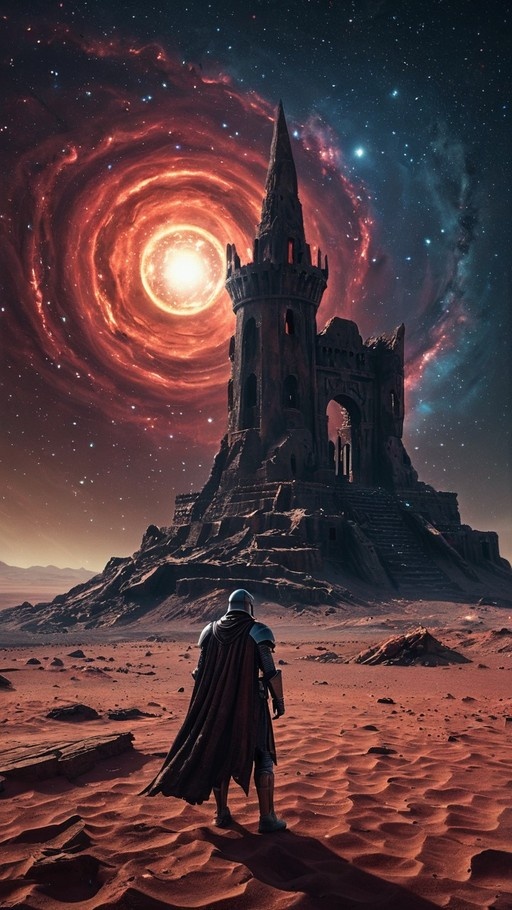 An armored figure with a cape stands on a sandy dune facing a tall stone tower under a large red galaxy in the night sky.