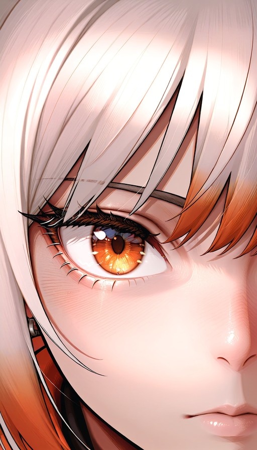 Close-up of an anime girl with white and orange hair looking at the viewer, focusing on her detailed orange eye and long eyelashes.