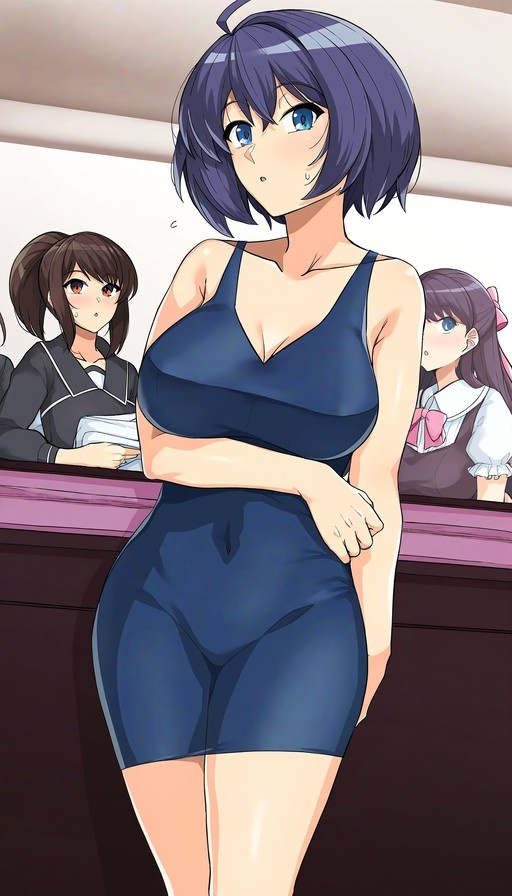 Misaka Mikoto in a tight blue dress standing in a classroom with two classmates watching from desks.