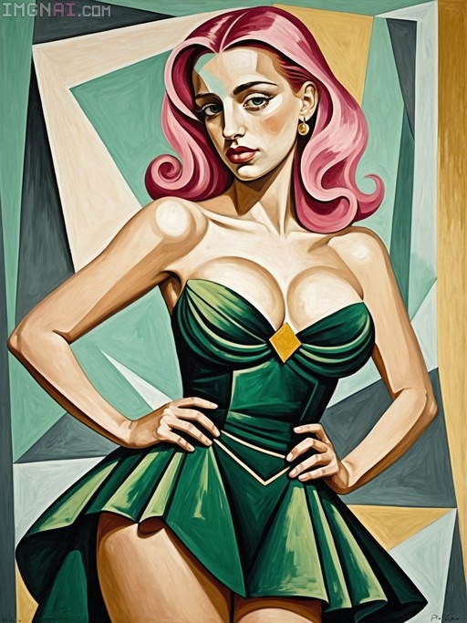 A stylized illustration of a woman with wavy pink hair and green eyes wearing a strapless green dress with a gold clasp, posing with hands on hips against a geometric background.