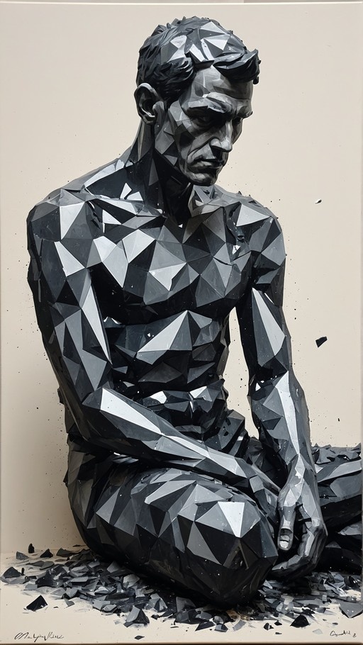 A full-body view of a muscular man made of dark, faceted geometric shapes sitting on the ground amidst scattered shards.