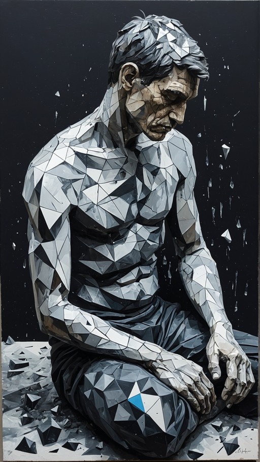 A shirtless man made of grey geometric shards sits on the ground with his eyes closed, surrounded by floating fragments against a black background.