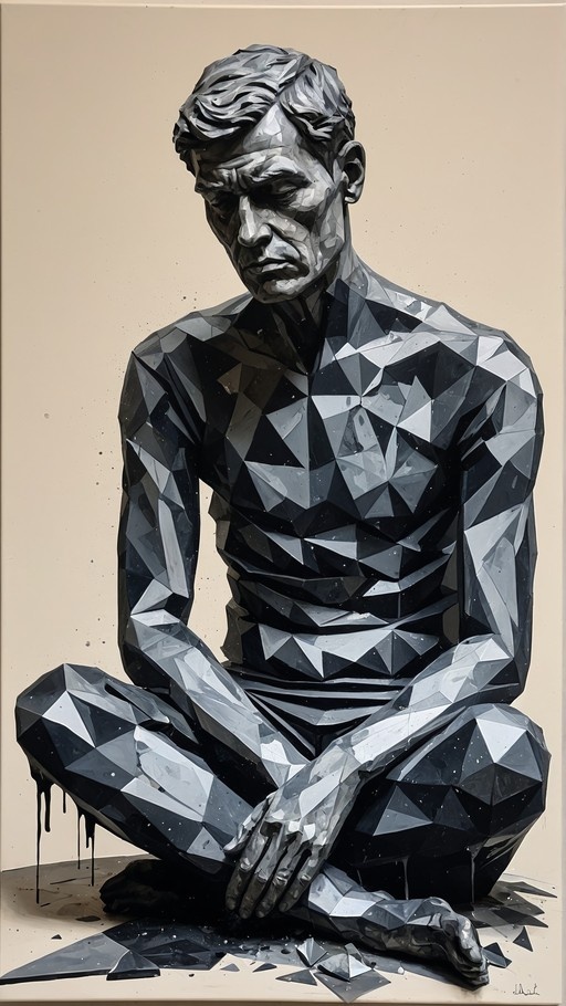 A monochrome low-poly sculpture of a barefoot man sitting cross-legged with black drips falling from his legs.
