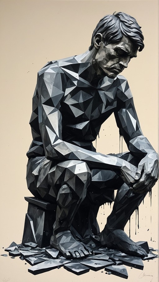 A full-body view of a male figure made of dark geometric facets sitting on a stool, with shards and drips at his feet against a beige background.