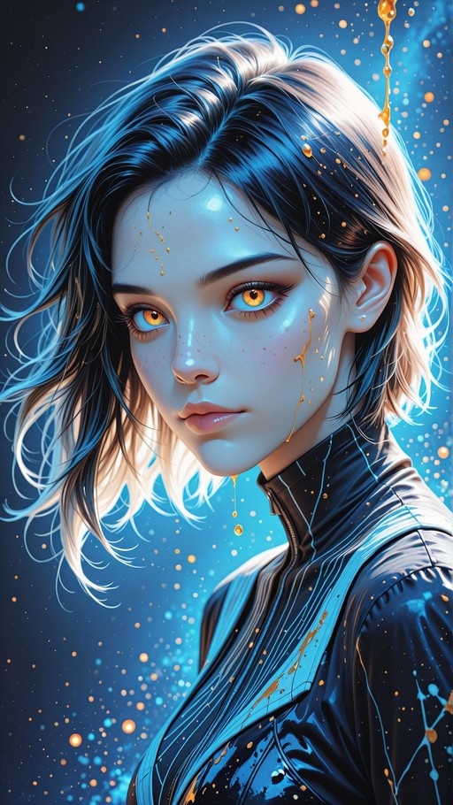 A young woman with dark hair fading to white and amber eyes looks at the viewer while golden liquid drips on her face against a blue background.