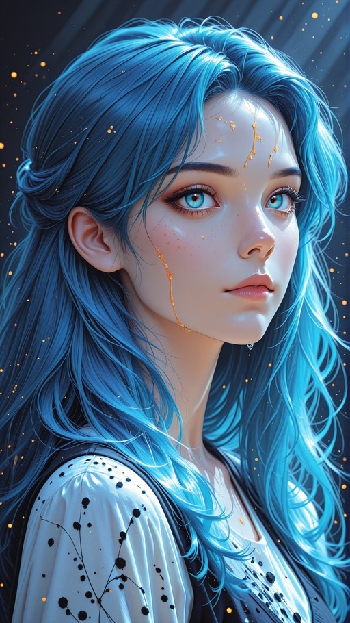 A close-up digital portrait of a young woman with long wavy blue hair and blue eyes, featuring freckles and streams of golden liquid dripping down her face against a dark background with floating gold sparks.