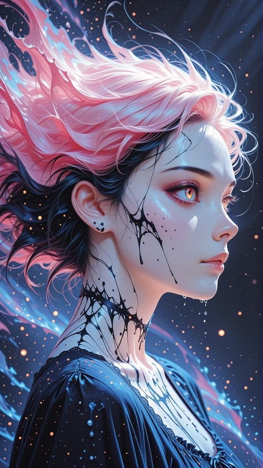 Profile view of a girl with flowing pink and black hair and orange eyes, wearing a dark dress with black ink-like markings on her face and neck.