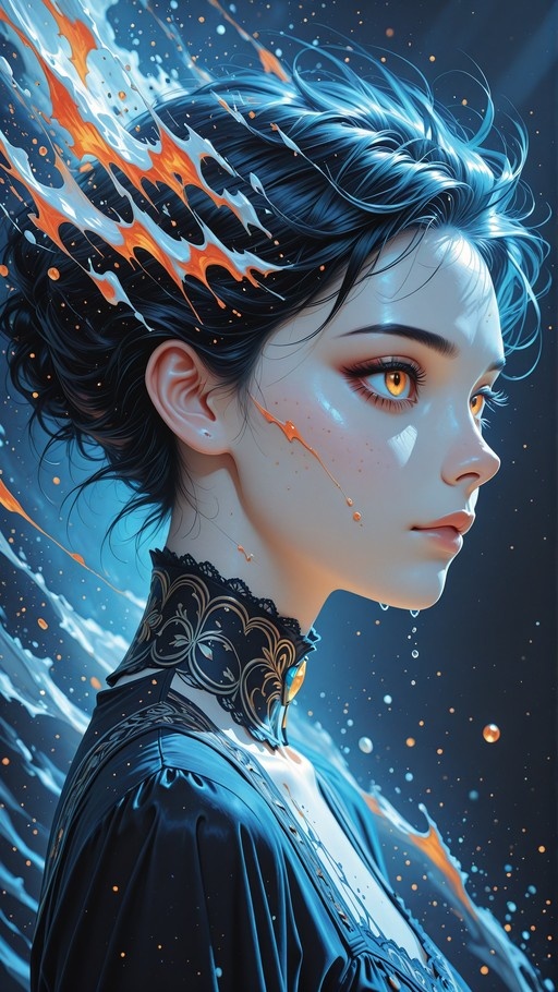 Profile view of a woman with short black hair and orange eyes, wearing a black high-collared dress with gold details, surrounded by splashing white and orange liquid against a blue background.