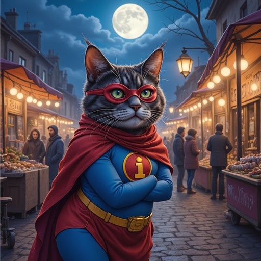 A grey tabby cat in a superhero costume with a red cape and mask stands with arms crossed on a cobblestone street at night, illuminated by market lights and a full moon.
