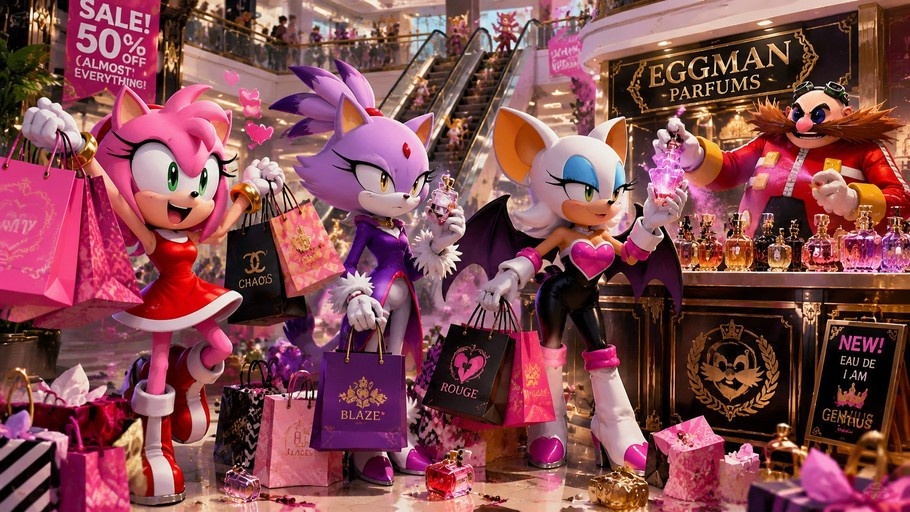 A digital illustration of Amy Rose, Blaze the Cat, and Rouge the Bat holding shopping bags and perfume bottles while standing in front of a counter where Dr. Eggman is presenting a fragrance bottle.