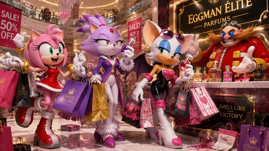 Amy Rose, Blaze the Cat, and Rouge the Bat holding shopping bags and perfume bottles in front of a counter labeled "Eggman Elite Parfums" with Dr. Eggman standing behind it.