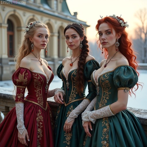 Three young women in ornate red and green Baroque gowns with gold embroidery stand on a snowy balcony at Rundāle Palace, wearing lace gloves and floral tiaras.