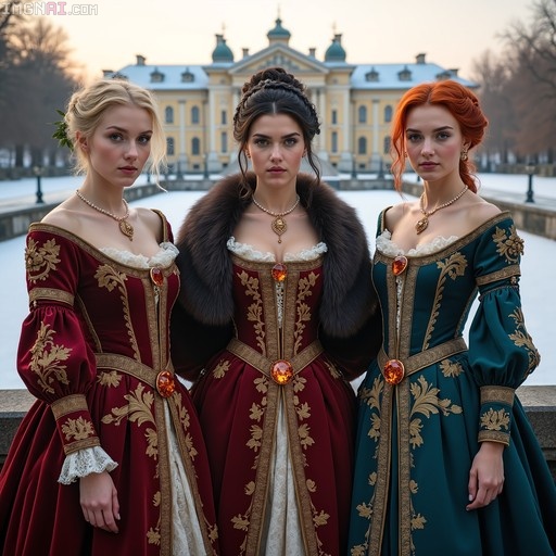 Three women in elaborate red and teal medieval gowns with gold embroidery standing in the snow before a yellow palace.