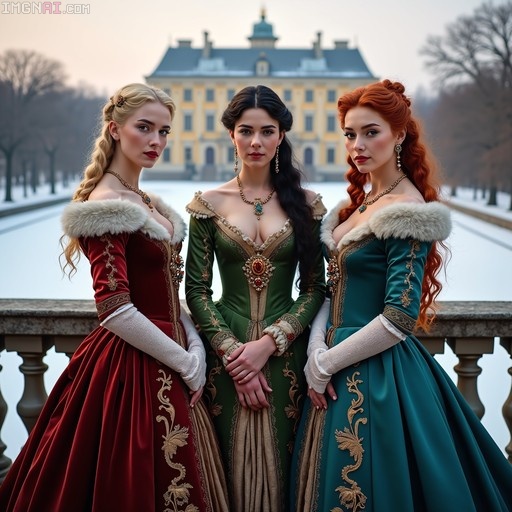 Three women in ornate historical velvet gowns with fur trim standing on a snowy terrace before a palace