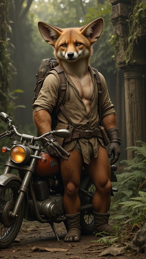 An anthropomorphic fox with orange fur stands next to a vintage motorcycle in a forest with stone ruins, wearing an open brown shirt and carrying a backpack.