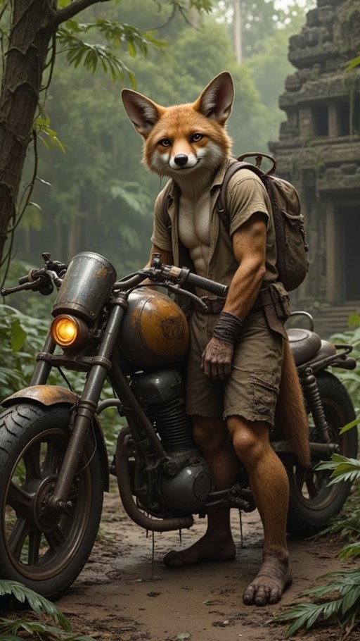 Muscular anthropomorphic fox character standing beside a vintage motorcycle in a lush forest near ancient stone ruins, wearing an open khaki shirt and cargo shorts.