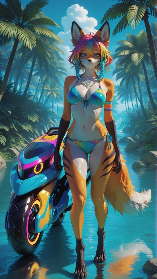 Anthropomorphic fox woman with orange fur and rainbow hair wearing a blue bikini, standing in shallow water next to a futuristic motorcycle.