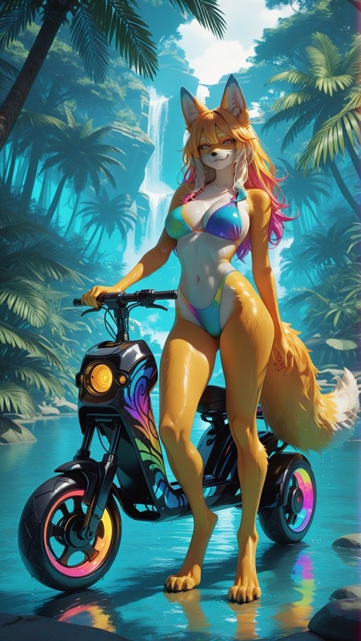 Anthropomorphic fox girl in a colorful bikini standing beside a black scooter with rainbow wheels in front of a tropical waterfall.