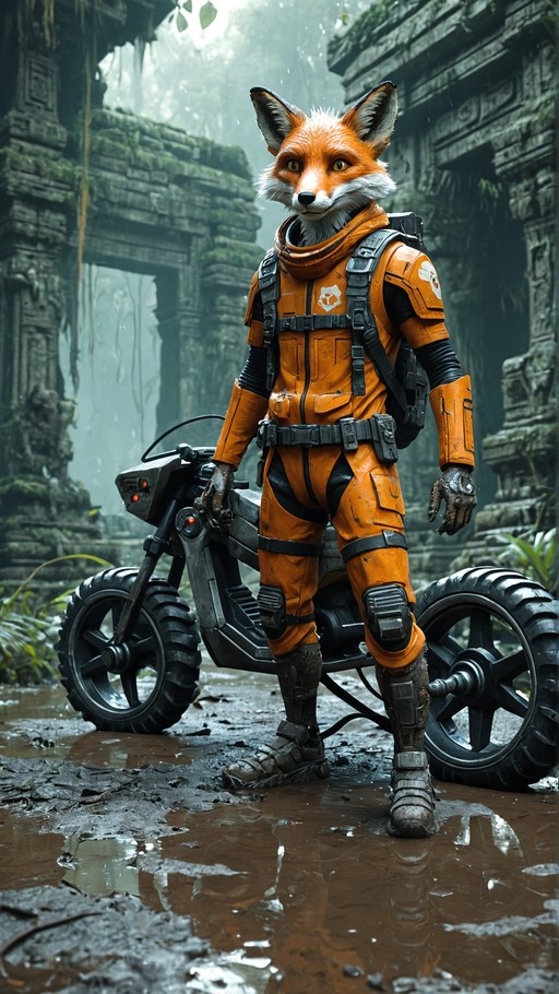 Anthropomorphic orange fox character wearing an orange jumpsuit and tactical gear, standing beside a futuristic motorcycle amidst mossy stone ruins.
