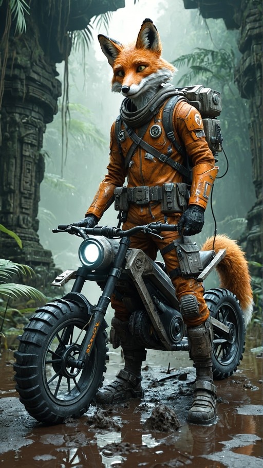 An anthropomorphic fox with orange fur and a bushy tail stands next to a rugged motorcycle in a muddy puddle within a misty jungle setting featuring ancient stone ruins.