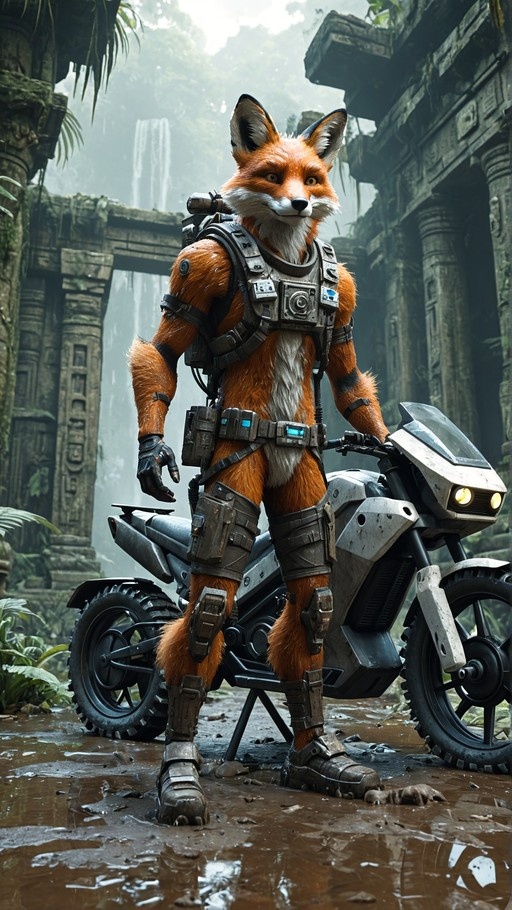 Anthropomorphic orange fox wearing tactical armor and gloves stands beside a futuristic motorcycle in mossy stone ruins with a waterfall.