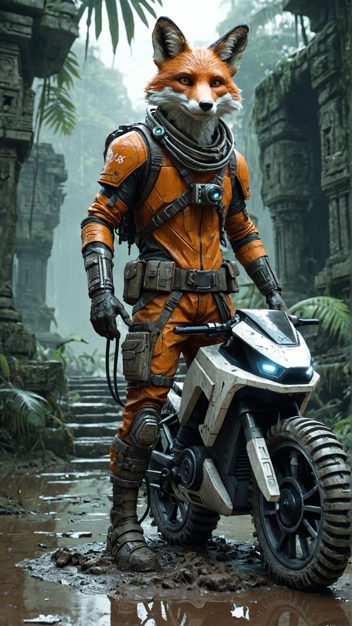 Anthropomorphic orange fox in an orange and black sci-fi jumpsuit standing next to a white motorcycle amidst misty jungle ruins.
